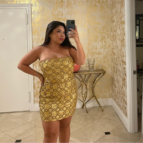 Strapless gold beaded dress - worn once- in new condition!